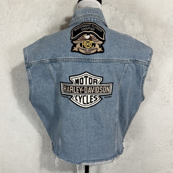 Harley-Davidson Other - Y2K Harley Davidson Denim Vest Size L Distressed Florida Logo Patch Grunge VTG